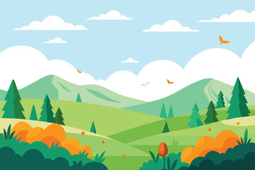 Stylized Mountain Landscape with Rolling Hills, Trees and Birds