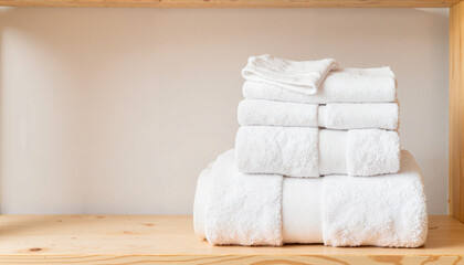 Soft white spa towels neatly stacked on wooden shelf, relaxation concept