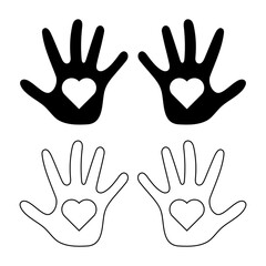 Hands with Heart Symbols. Black and Outline Variants Vector Illustration. Two pairs of open hands with heart shapes in the center of each palm.