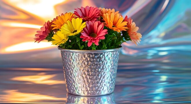 A holographic background with an iridescent pot and multicolored flowers, Ai Generated