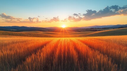 Golden Wheat Field Sunset Sunrise Mountain Landscape