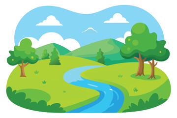 Obraz premium Vibrant Flat Cartoon Landscape with River, Trees, Hills and Cloudy Sky Scenery
