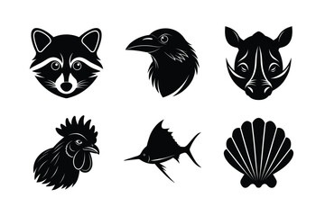Various types of animal head silhouette vector illustration
