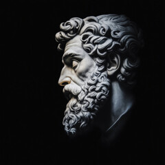 A dramatic marble sculpture of a bearded man in profile view highlighted against a deep black background
