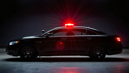Fototapeta premium Sleek black police vehicle glowing under bright light, law enforcement
