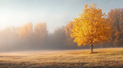 A foggy autumn morning with golden trees fading into the mist