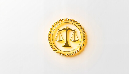 Golden judicial emblem glowing on white backdrop, legal symbolism