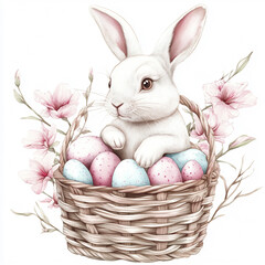 Easter, bunny, rabbit, basket, eggs, floral, cherry blossoms, spring, cute, festive, holiday, pastel, decorative, nature, adorable, celebration, illustration, watercolor, artistic, hand-drawn, soft co