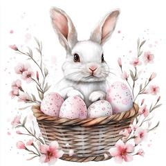 Easter, bunny, rabbit, basket, eggs, floral, cherry blossoms, spring, cute, festive, holiday, pastel, decorative, nature, adorable, celebration, illustration, watercolor, artistic, hand-drawn, soft co