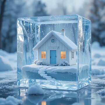 A miniature house frozen inside a perfectly transparent ice cube