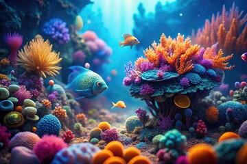 Fototapeta premium Mystical Underwater Macro: Vibrant Coral Reef, Tilt-Shift Photography, Serene Ocean Scene