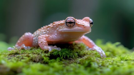 Small, pinkish frog perched on mossy surface