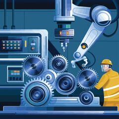 Fototapeta premium 2d vector illustration colorful machine , worker and Industry and its development technology, factories and production lines icon 