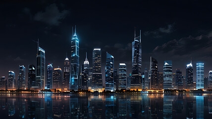 Fototapeta premium A stunning nighttime city skyline featuring tall skyscrapers