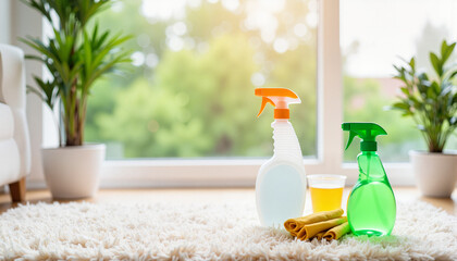 Eco-friendly carpet cleaning products in bright home interior, sustainability