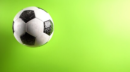A black and white soccer ball floats against a bright green background.  Plenty of copy space