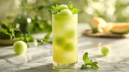 Refreshing melon drink with ice and mint. Perfect for a hot summer day!