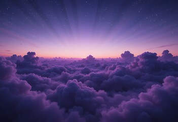 Aerial view of a breathtaking purple sunset above a sea of clouds.
