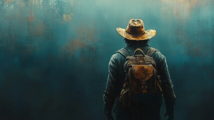 Fototapeta premium A Lone Traveler with His Back Adorned with a Backpack – Journey Through Adventure and Exploration in the Wilderness