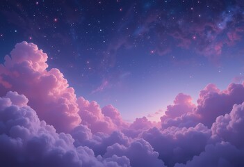 Peaceful, magical night sky above fluffy clouds.