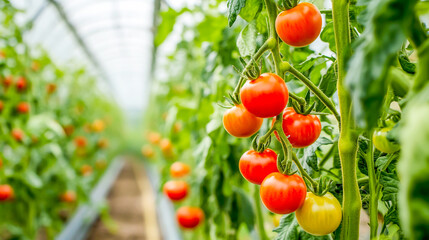 Vibrant, ripe tomatoes flourishing on lush green vines inside a well-maintained greenhouse environment