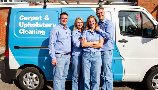 Team of carpet cleaning experts posing by branded service van, professionalism