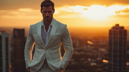 Man in white suit at sunset city rooftop