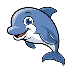 A cute cartoon dolphin swimming in the ocean surrounded by fish and a playful atmosphere with marine life elements