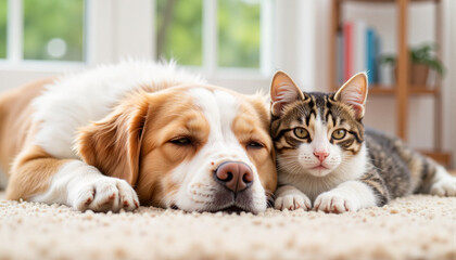 Fototapeta na wymiar Dog and cat peacefully resting on carpet, harmony of companionship