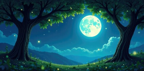 Twinkling moonlight filters through leafy canopy, green, blue, tree trunks