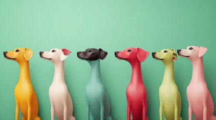 A row of colorful dogs statues, a collection of figures, displayed in vibrant hues and shades; from yellow to white.
