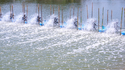 Row of aerator multiple turbine wheels on water surface for increase oxygen into fish or shrimp...