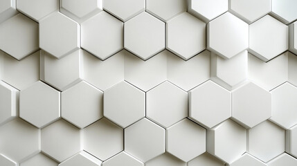 Fototapeta premium A sleek 3D hexagonal pattern in white and light gray, creating a modern, minimalist aesthetic with subtle depth.