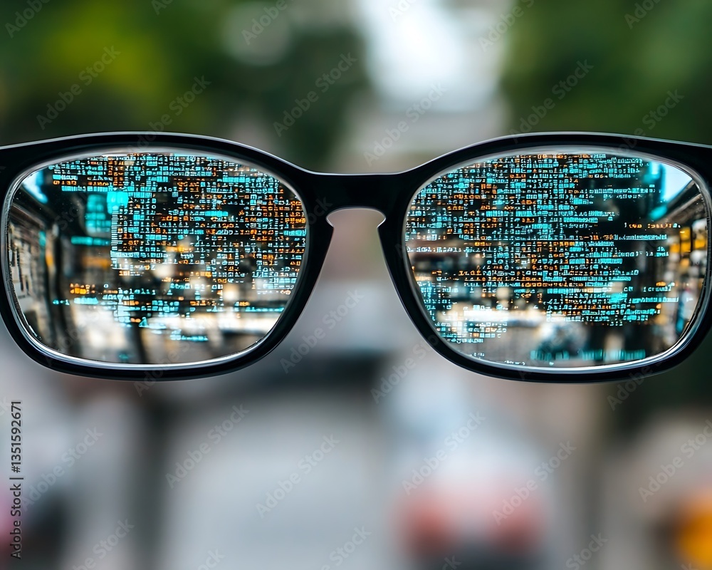 Poster glasses reflecting programming code with blurred background outdoors