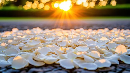 Fototapeta premium White flower petals scattered on ground at sunset