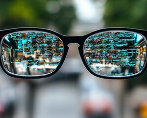 Glasses Reflecting Programming Code With Blurred Background Outdoors