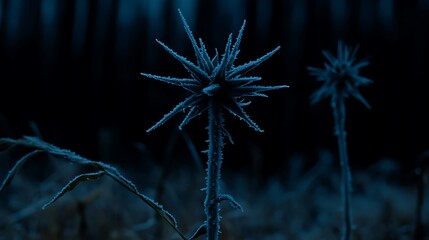 Frost covered thistle plants standing in a dark moody landscape