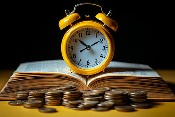 Alarm Clock on Coins and Open Book with Yellow Background