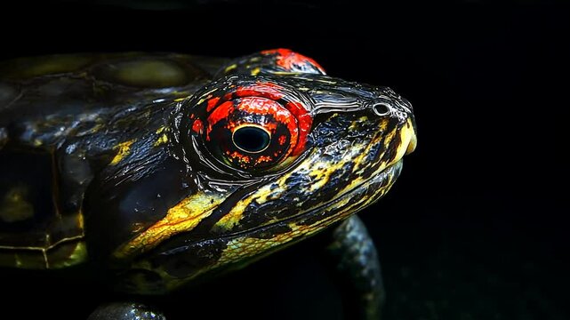 Close-up of a colorful turtle head against a dark background