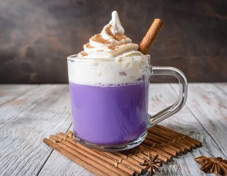 ube latte in a glass mug with whipped cream and cinnamon a cozy and creamy purple yam beverage for indulgence image made using generative ai