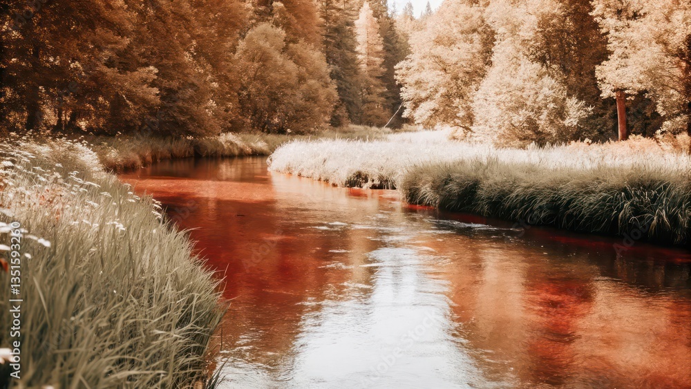 Poster a serene river winding through a vibrant forest, reflecting the surrounding foliage with a hint of w