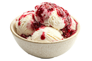 A bowl of white ice cream with red raspberry sauce on a white background.