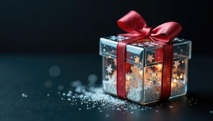 Decorative glass gift box with snowflakes and glitter on black, snowflake, gift, ornament