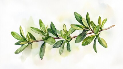 Watercolor painting of a winter savory sprig with soft green leaves. 