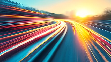 Abstract depiction of a road with motion light streaks at sunset