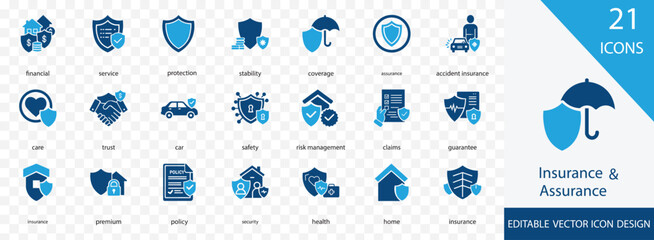 Insurance and assurance icon set. containing Policy, health, , Stability, Reliability, travel and more icon symbol set