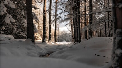 A serene snowy forest scene featuring snow-covered trees and a pathway illuminated by sunlight 