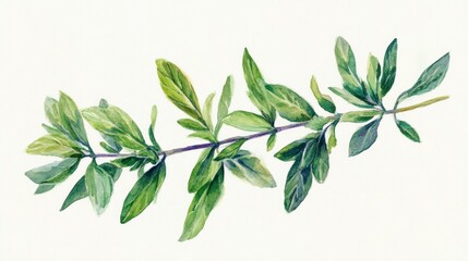"Watercolor Painting of a Winter Savory Sprig with Soft Green Leaves"

