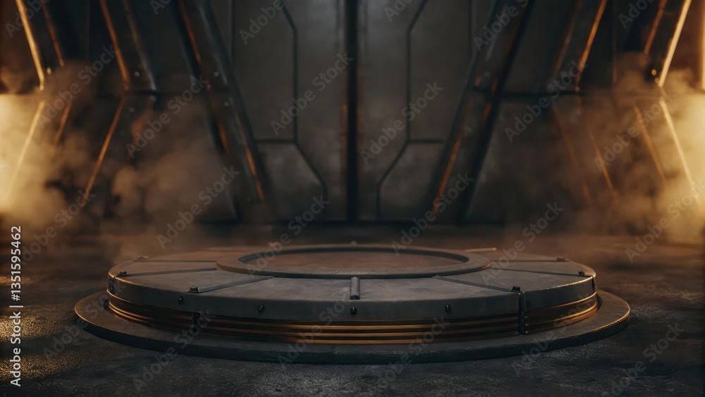 Poster a platform set inside an industrial building with atmospheric effects. a circle podium for showcase