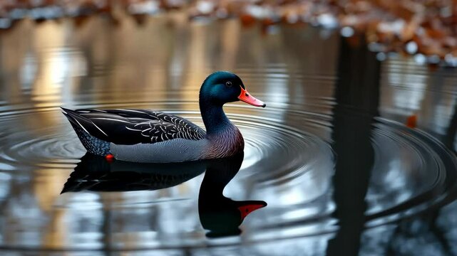 Majestic duck swimming gracefully in calm water surrounded by autumn foliage in a serene park setting
